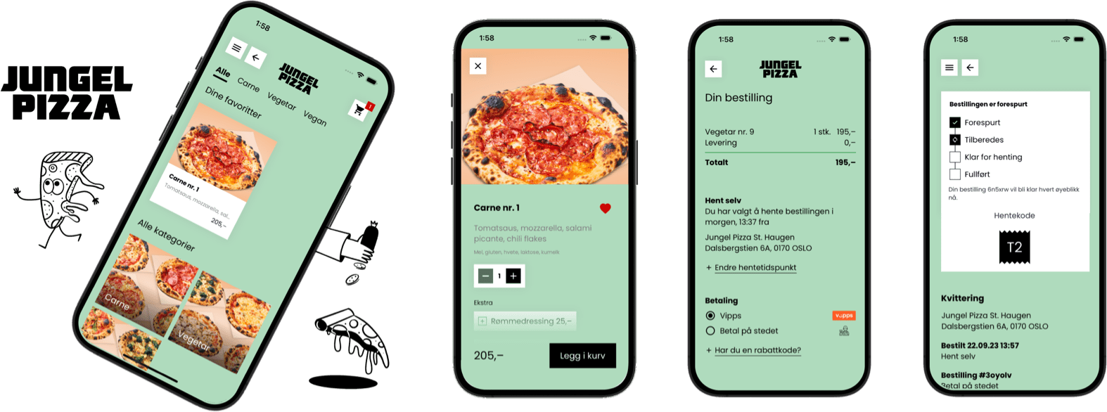 Skjermbilder av Jungel Pizza sin bestillingsapp