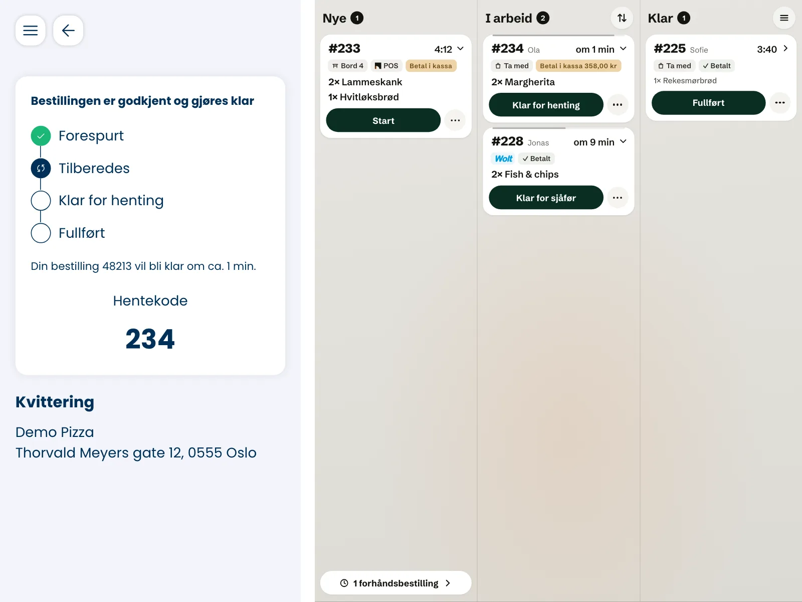 En nettbestilling på kjøkkenskjermen, og hentetiden på gjestens telefon.