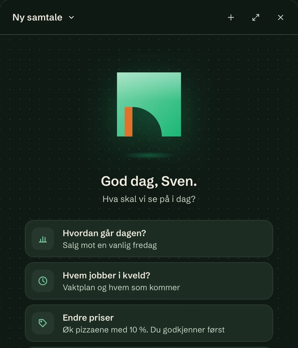 Spør Okam åpner med forslag: Hvordan går dagen?, Hvem jobber i kveld? og Endre priser.